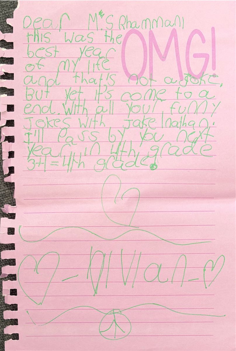 A note written for Mrs. Rahmani by Vivian