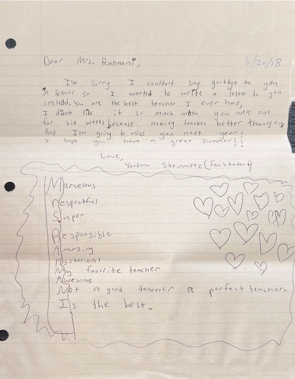 A letter written for Mrs. Rahmani by a former student
