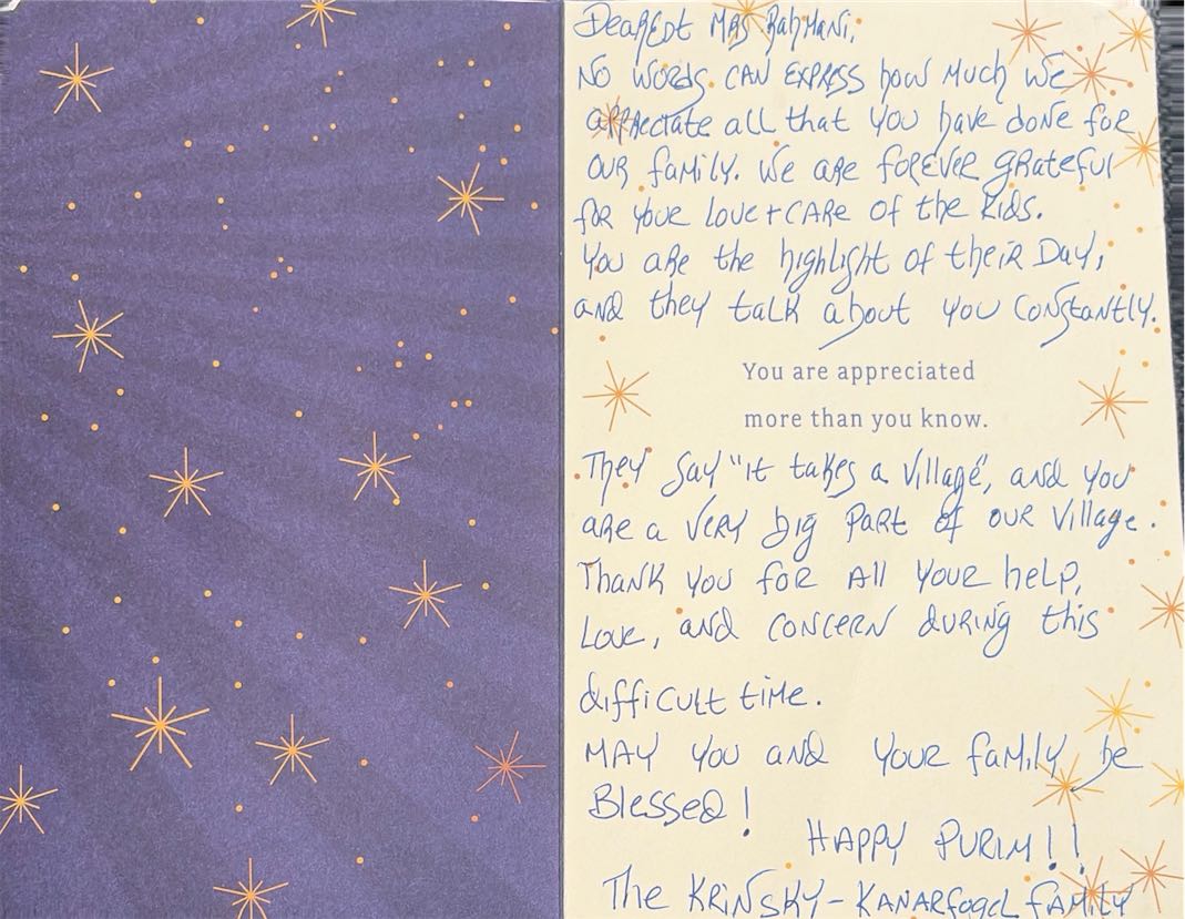 A card written for Mrs. Rahmani by a family