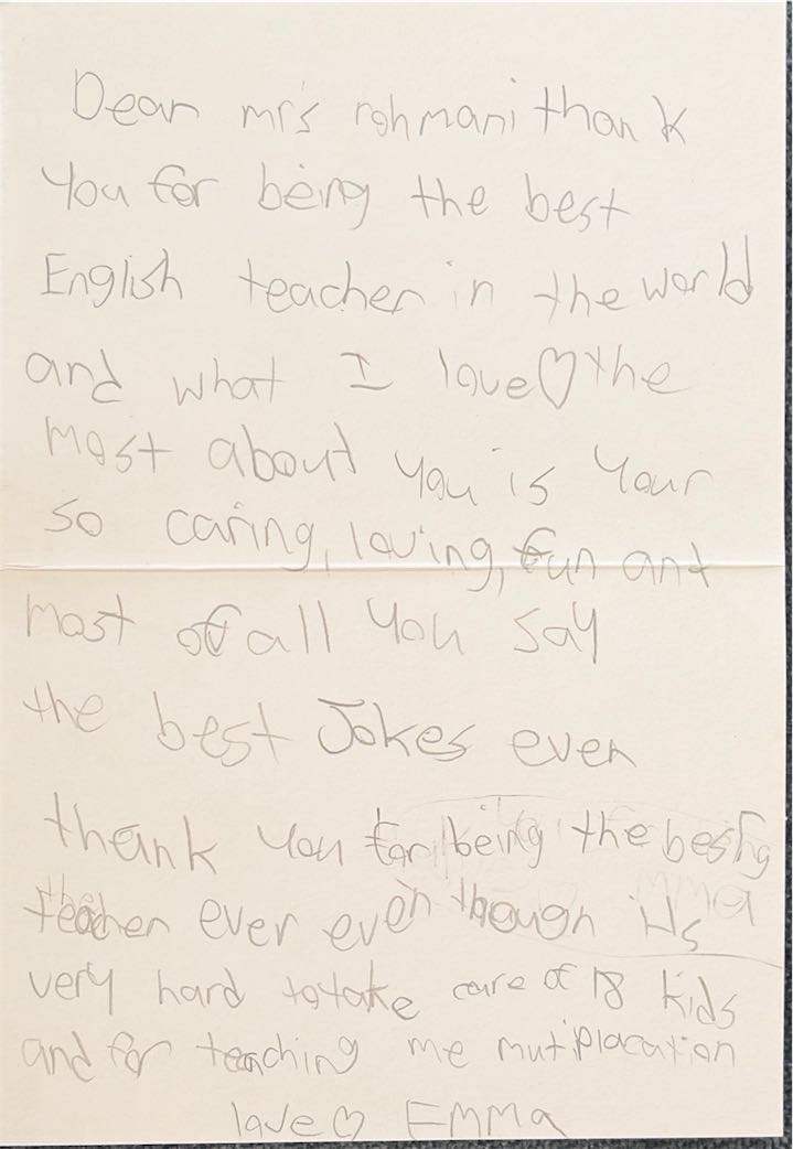 A letter written for Mrs. Rahmani by Emma