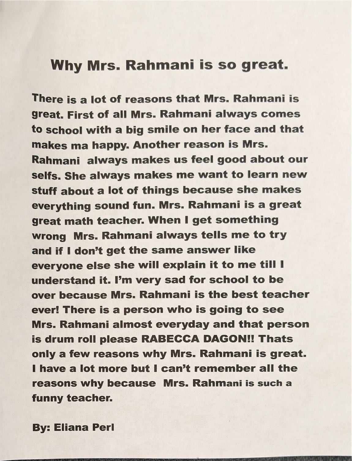 An essay written for Mrs. Rahmani by Eliana